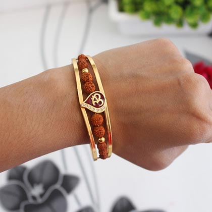 Golden Om & Rudraksha Bracelet Rakhi