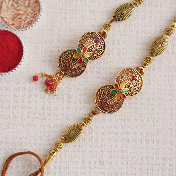 Enticing Golden Bhaiya Bhabhi Rakhi Set