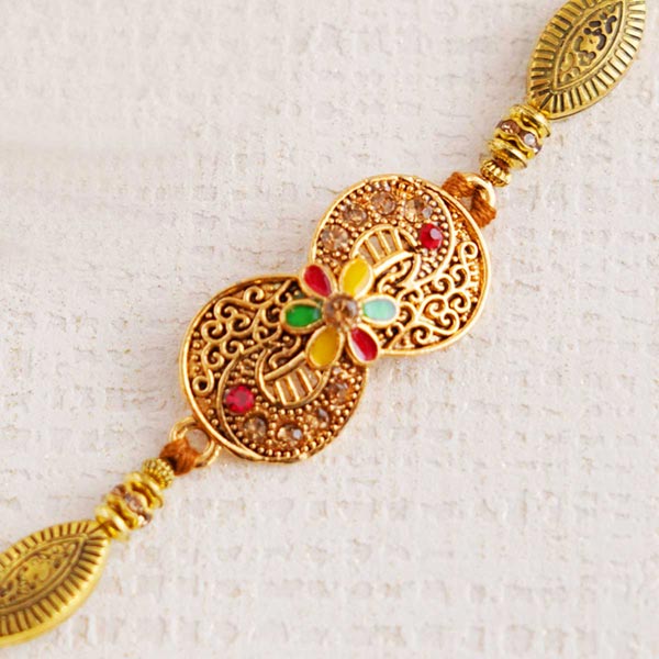 Enticing Golden Bhaiya Bhabhi Rakhi Set
