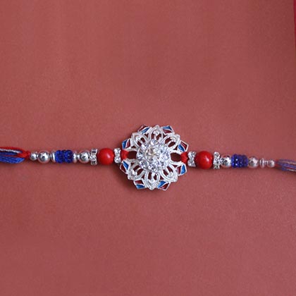 Silver Rakhi with Chocolate Potli
