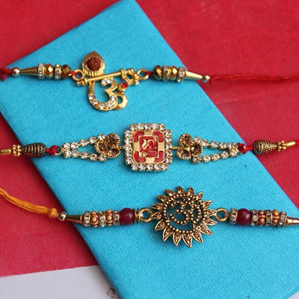 Three Om Rakhis with Chocolate Tray