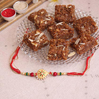 Attractive Golden Rakhi with Doda Barfi