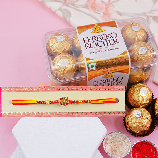 Attractive Golden Rakhi with Ferrero Rochers