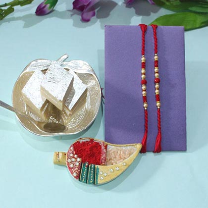 Two Pearl Rakhi Set with Kaju Katli