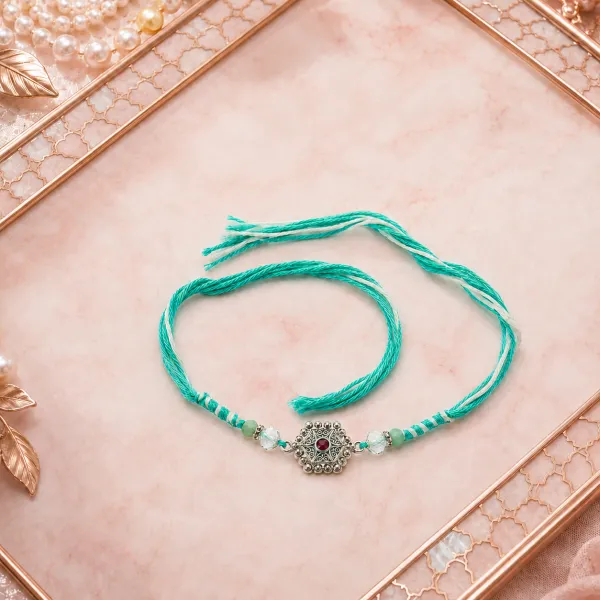 Turquoise Stone Designer Rakhi with Roli Chawal