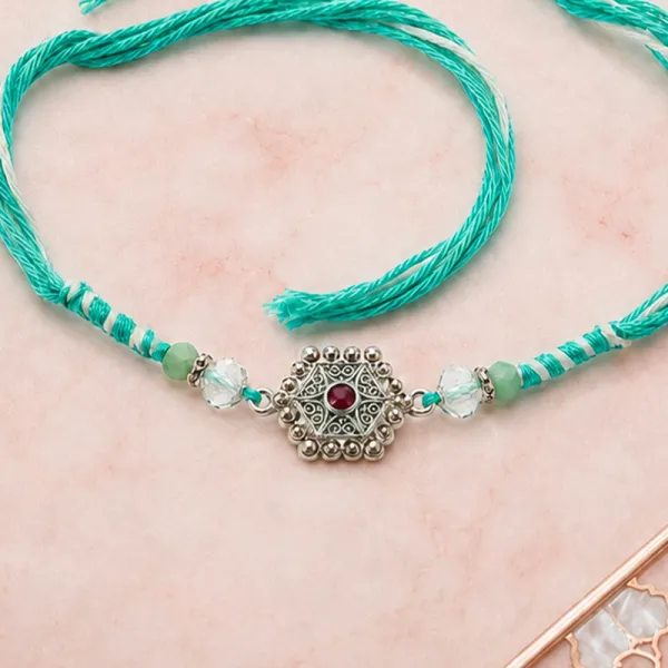 Turquoise Stone Designer Rakhi with Roli Chawal