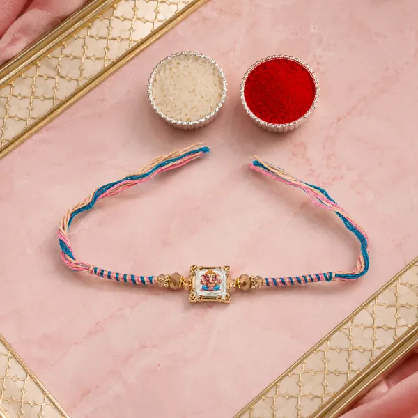 Shree Ganesha Pink Blue Thread Rakhi for Brother