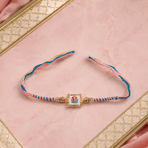 Shree Ganesha Pink Blue Thread Rakhi for Brother