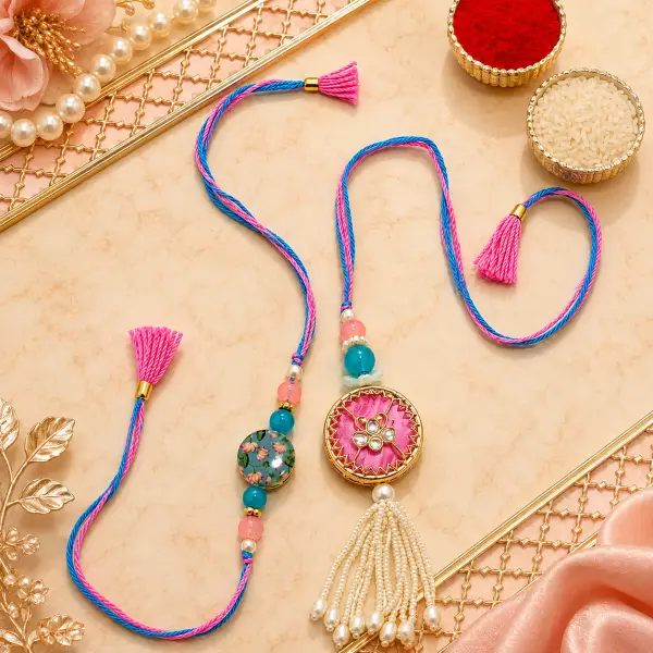 Pastel Bhaiya Bhabhi Lumba Rakhi Set with Kundan Beads
