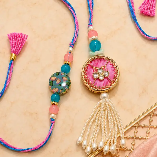 Pastel Bhaiya Bhabhi Lumba Rakhi Set with Kundan Beads