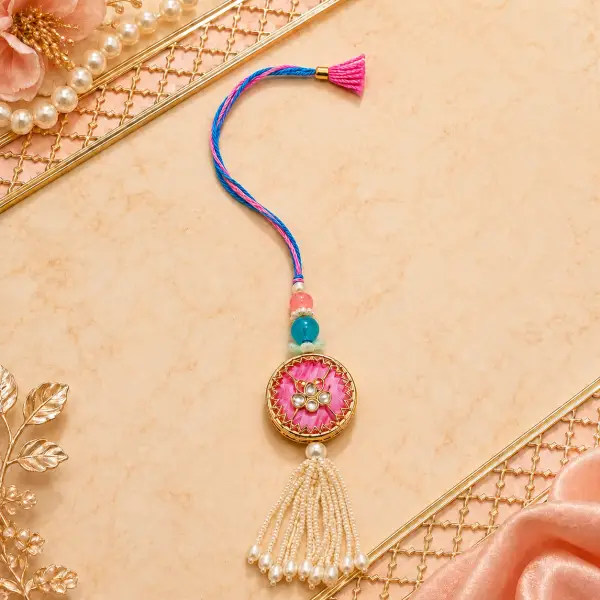 Pastel Bhaiya Bhabhi Lumba Rakhi Set with Kundan Beads