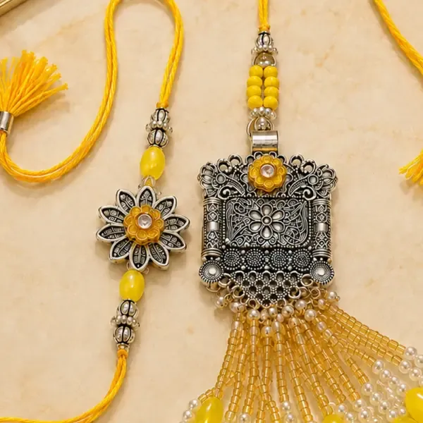 Yellow Kundan Bhaiya Bhabhi Lumba Rakhi Set with Roli Chawal