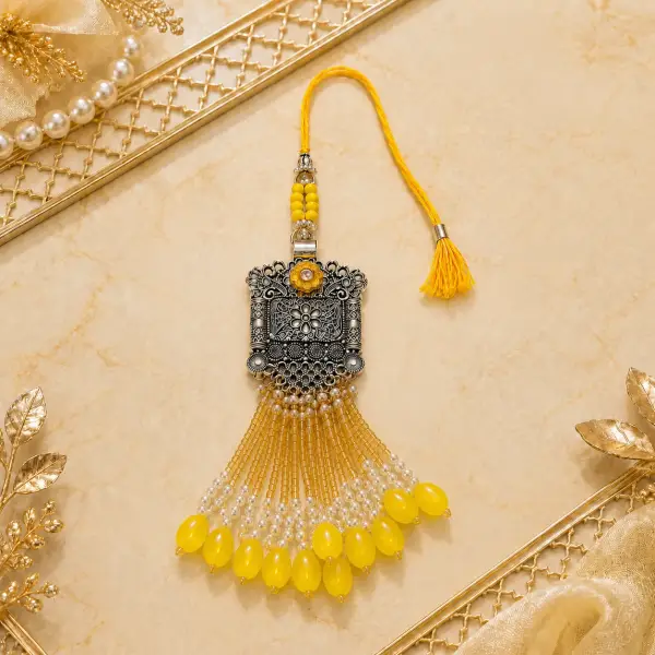 Yellow Kundan Bhaiya Bhabhi Lumba Rakhi Set with Roli Chawal