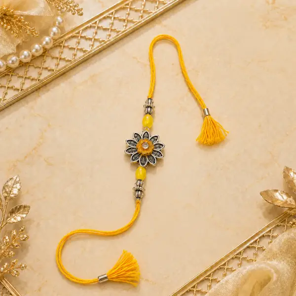 Yellow Kundan Bhaiya Bhabhi Lumba Rakhi Set with Roli Chawal