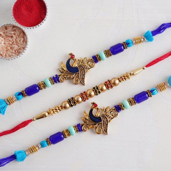 Two Peacock Rakhi and Beaded Rakhi