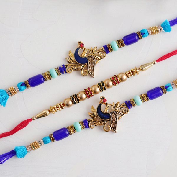 Two Peacock Rakhi and Beaded Rakhi
