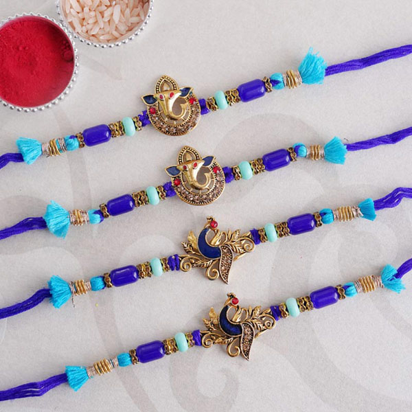Two Ganesha and Two Peacock Rakhi Set