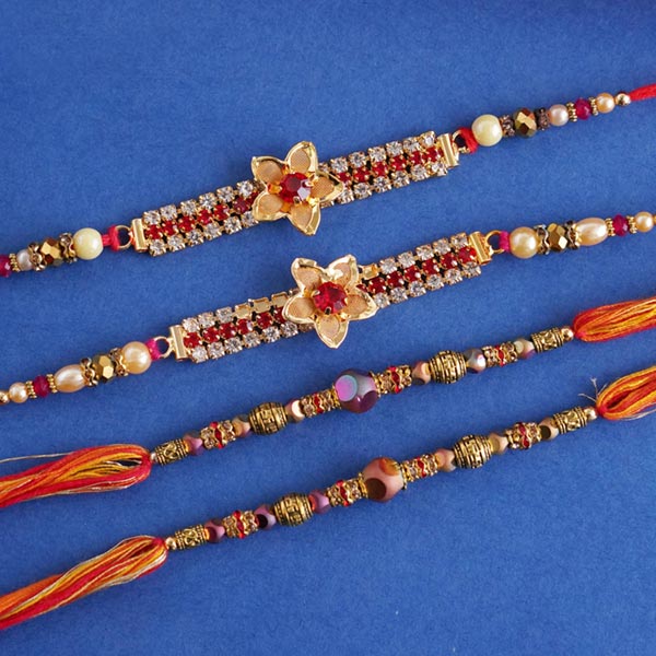 Four Designer Golden Rakhi Set