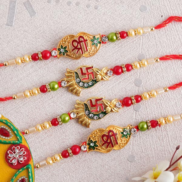 Two Shree and Two Swastika Golden Rakhi Set