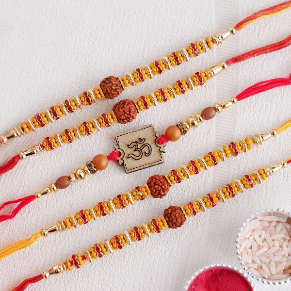 Four Rudraksha and One Om Rakhi