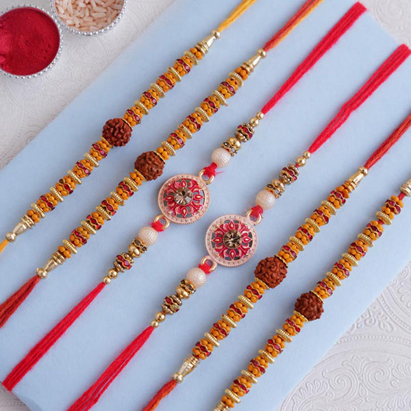Set of 4 Rudraksha and Set of 2 Designer Rakhi
