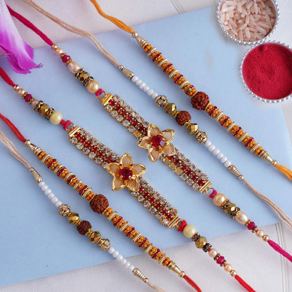 Set of 6 Golden Rakhi and Rudraksha Rakhi