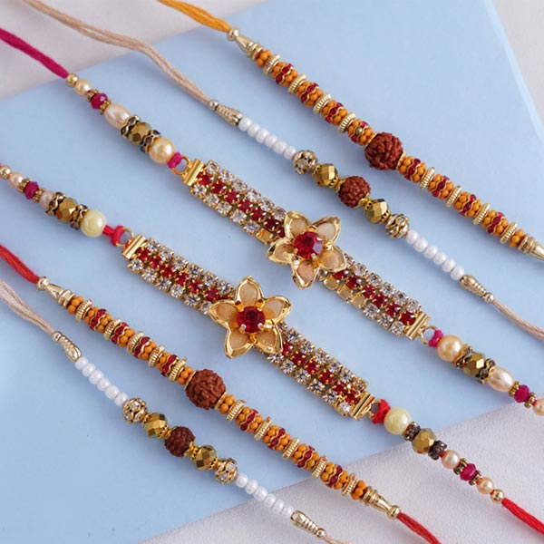 Set of 6 Golden Rakhi and Rudraksha Rakhi