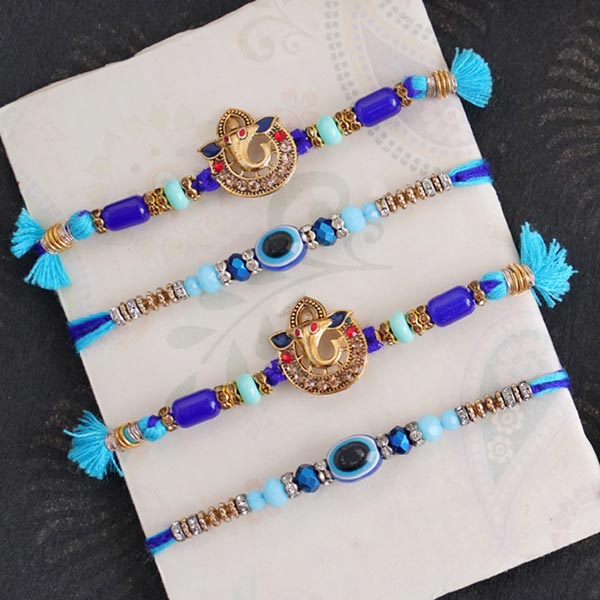 Set of 2 Ganesha Rakhi, 2 Peacock Rakhi and 4 Evil Eye Rakhi