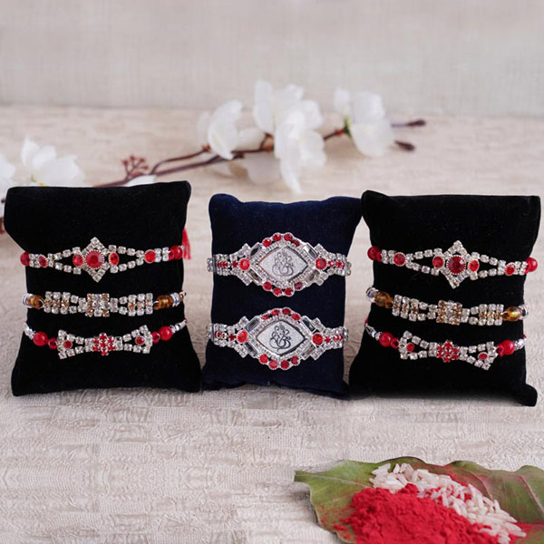 Set of Six Stone Rakhi and Set of Two Silver Ganesha Rakhi