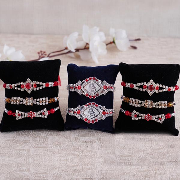 Set of Six Stone Rakhi and Set of Two Silver Ganesha Rakhi