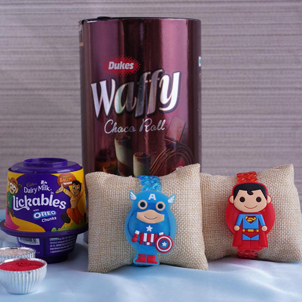 Two Superhero Kids Rakhi with Chocolates