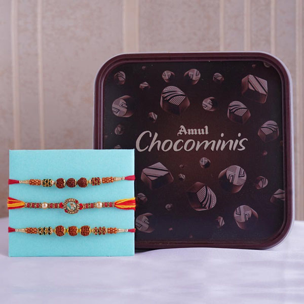 Three Rakhi Set With Amul Chocominis