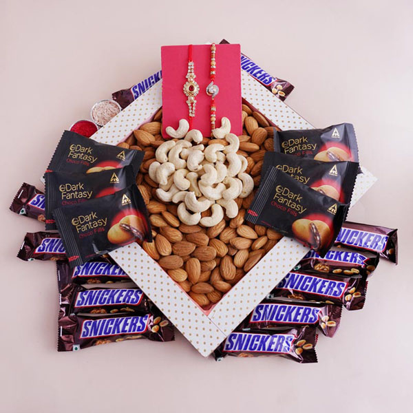 Set of 2 Rakhi with Dryfruits Tray and Chocolates