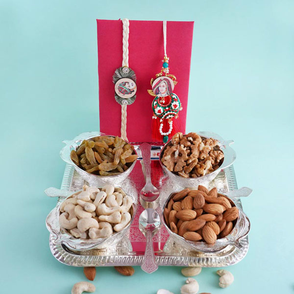 Bhaiya Bhabhi Rakhi with Silver Tray and Dryfruits