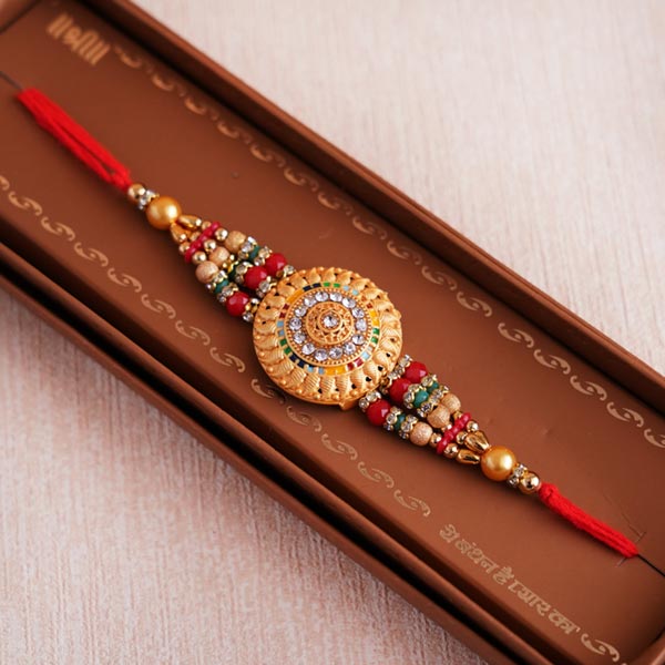 Golden Rakhi With Cashews and Golden Tray