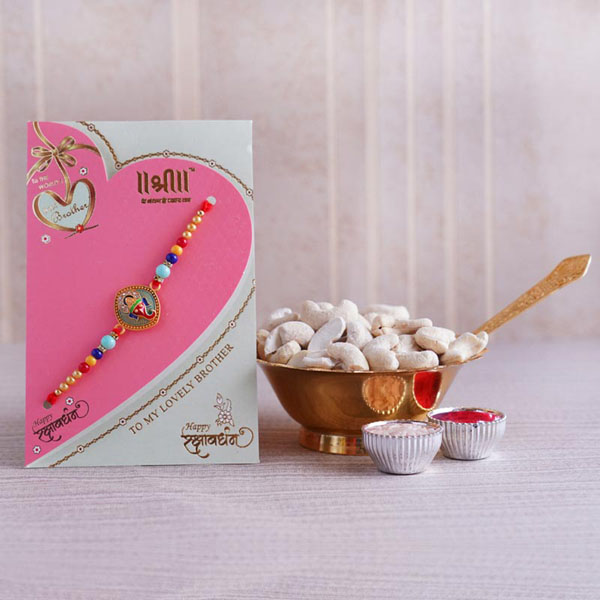 Designer Ganesha Rakhi with Cashew and Golden Bowl