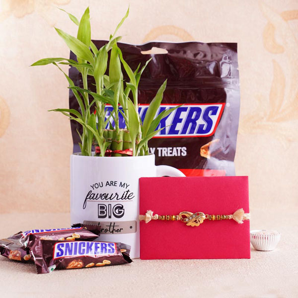 Designer Rakhi with Lucky Bamboo and Snicker Chocolate