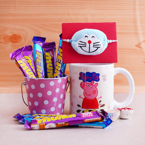 Doremon Rakhi with Mug and Chocolates Bucket