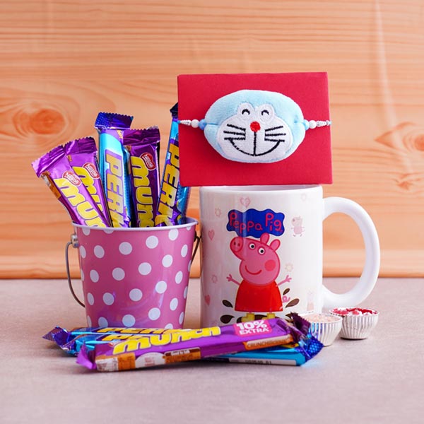 Doremon Rakhi with Mug and Chocolates Bucket