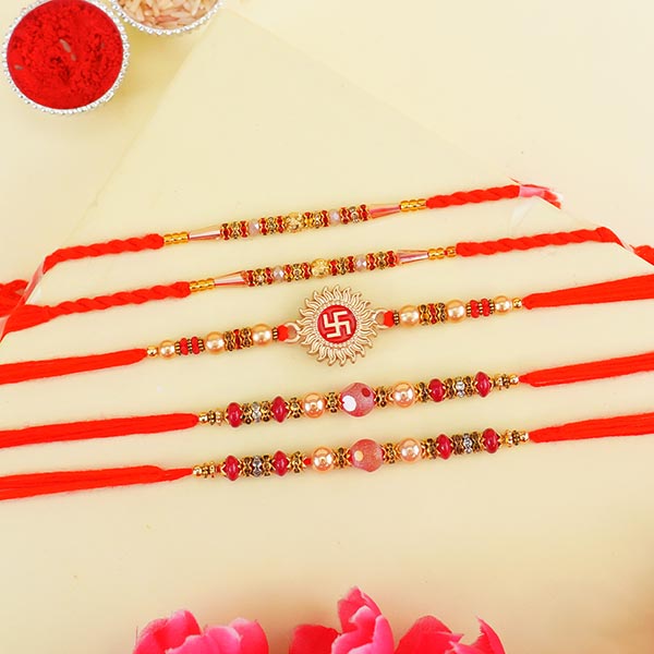 Set of Five Pearl and Swastika Rakhi