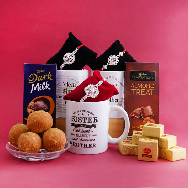 Three Silver Rakhi with Mug Hamper