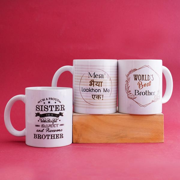 Three Silver Rakhi with Mug Hamper