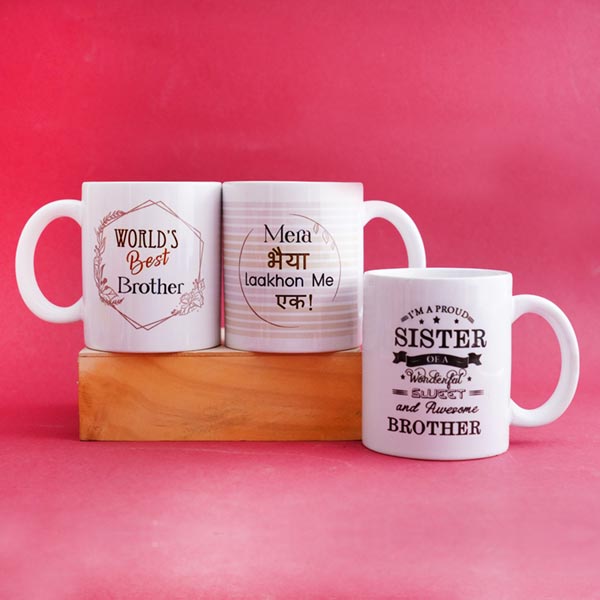 Three Silver Rakhi with Mug Hamper