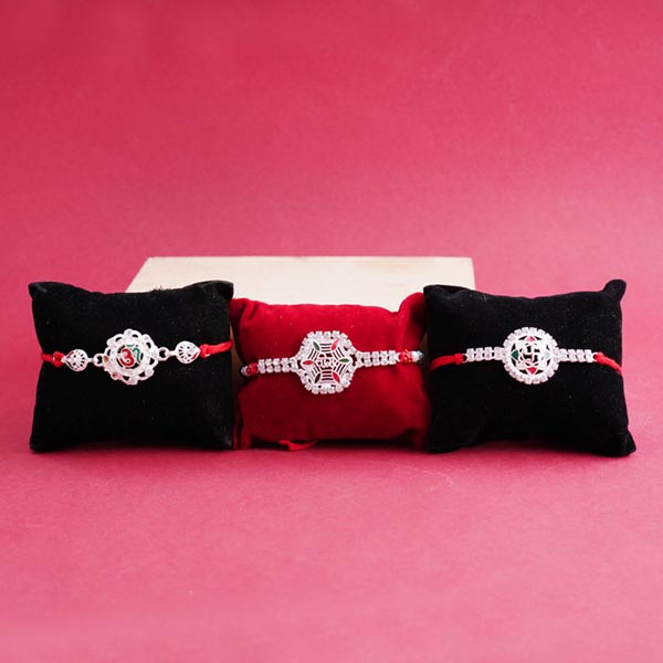Three Silver Rakhi with Mug Hamper