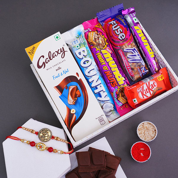 2 Golden Rakhi with Chocolate Box