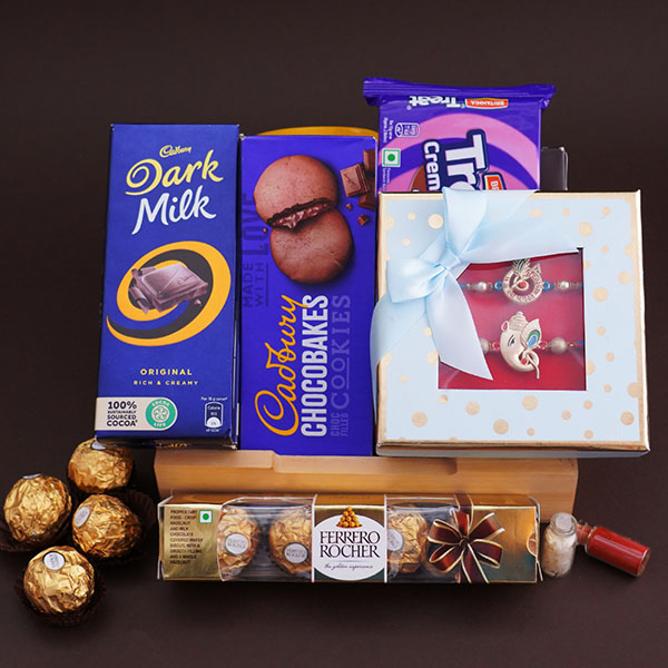 2 Golden Auspicious Rakhi Set with Chocolates