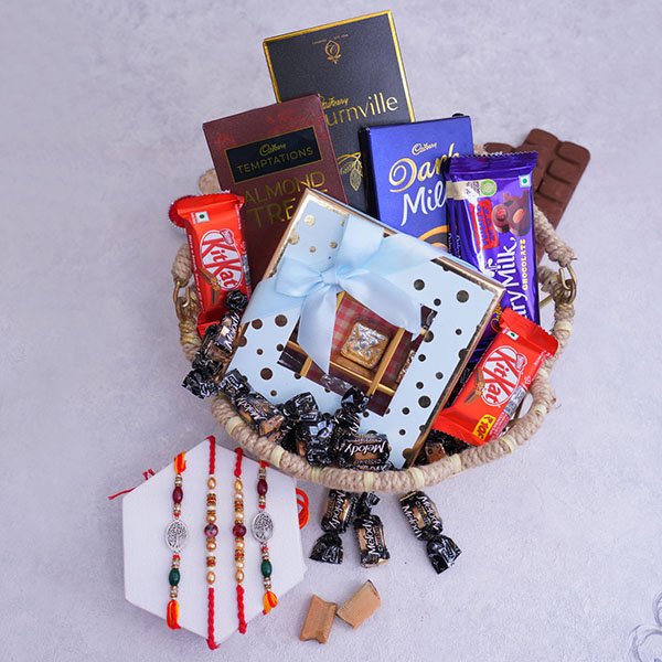 Set of 4 Designer Rakhi with Chocolate Basket