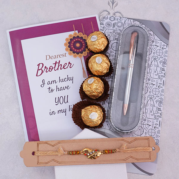 Golden Rakhi with Card Pen N Ferrero Rocher