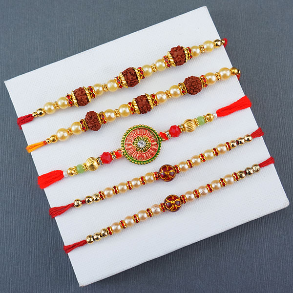 Set of 5 Designer Rakhis with Chocolates Gift Pack