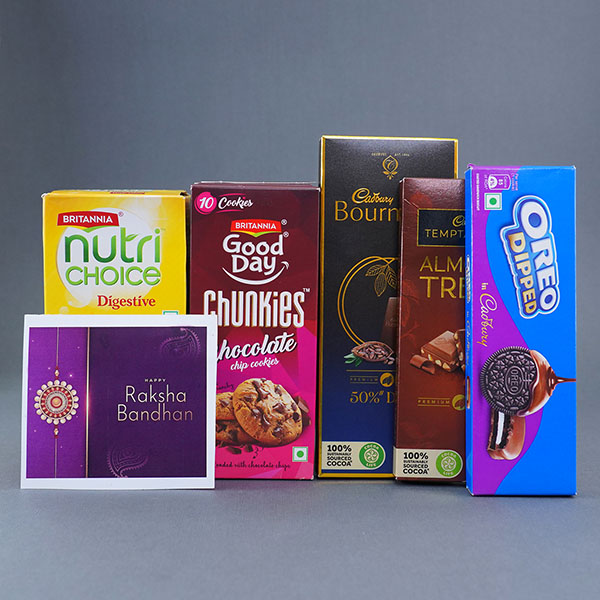 Set of 5 Designer Rakhis with Chocolates Gift Pack